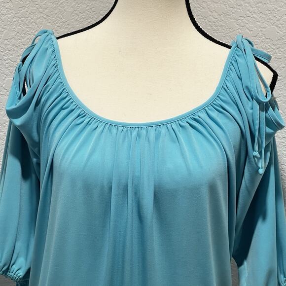 Vintage 90's Cache Light Blue Tie Shoulder 3/4 Sleeve Y2K Size Medium Wide Waist - Picture 2 of 8